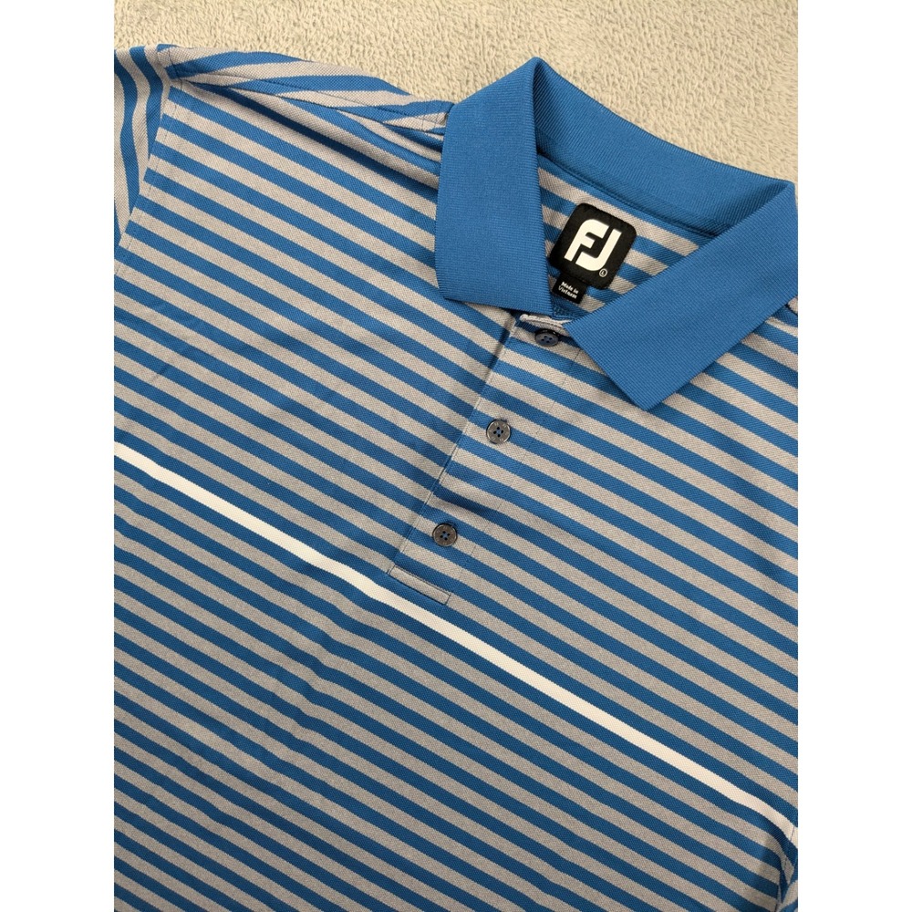 FootJoy Mens Blue Grey Striped Performance Golf Polo Shirt Size Large FJ Logo